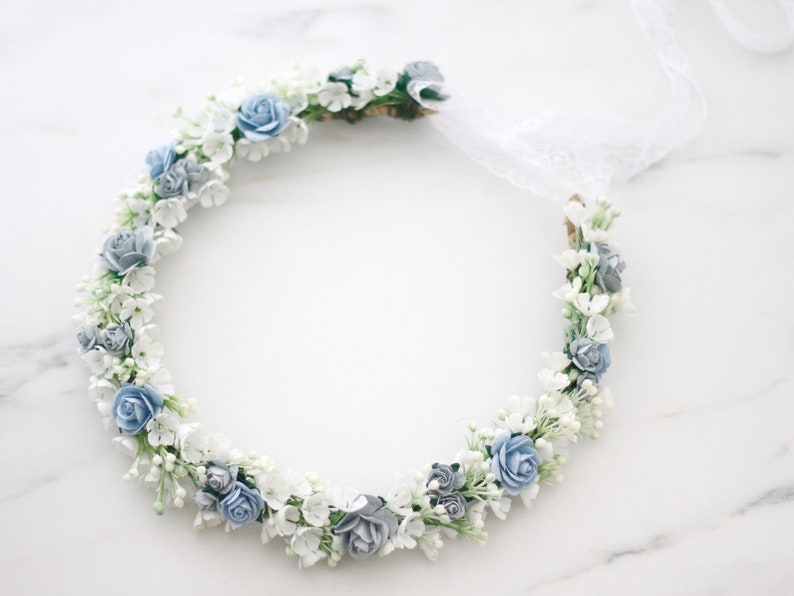 Dusty blue flower crown wedding, serenity flower crown bridal shower, flower girl halo, maternity shoot props, bridal flower wreath image 3