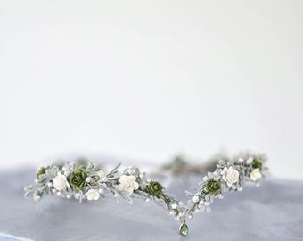 Green & White Elven Circlet: Fairy Headband for Fantasy Wedding