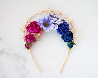 Pink purple blue flower hedband, flower headdress, bright color headpiece, gold star flower crown, fairy princess halo, festival hair piece