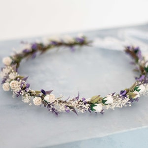 Lavender flower crown wedding, white purple bridal crown, lavender wedding headband, lavender bridesmaid crown, purple flower girl headband