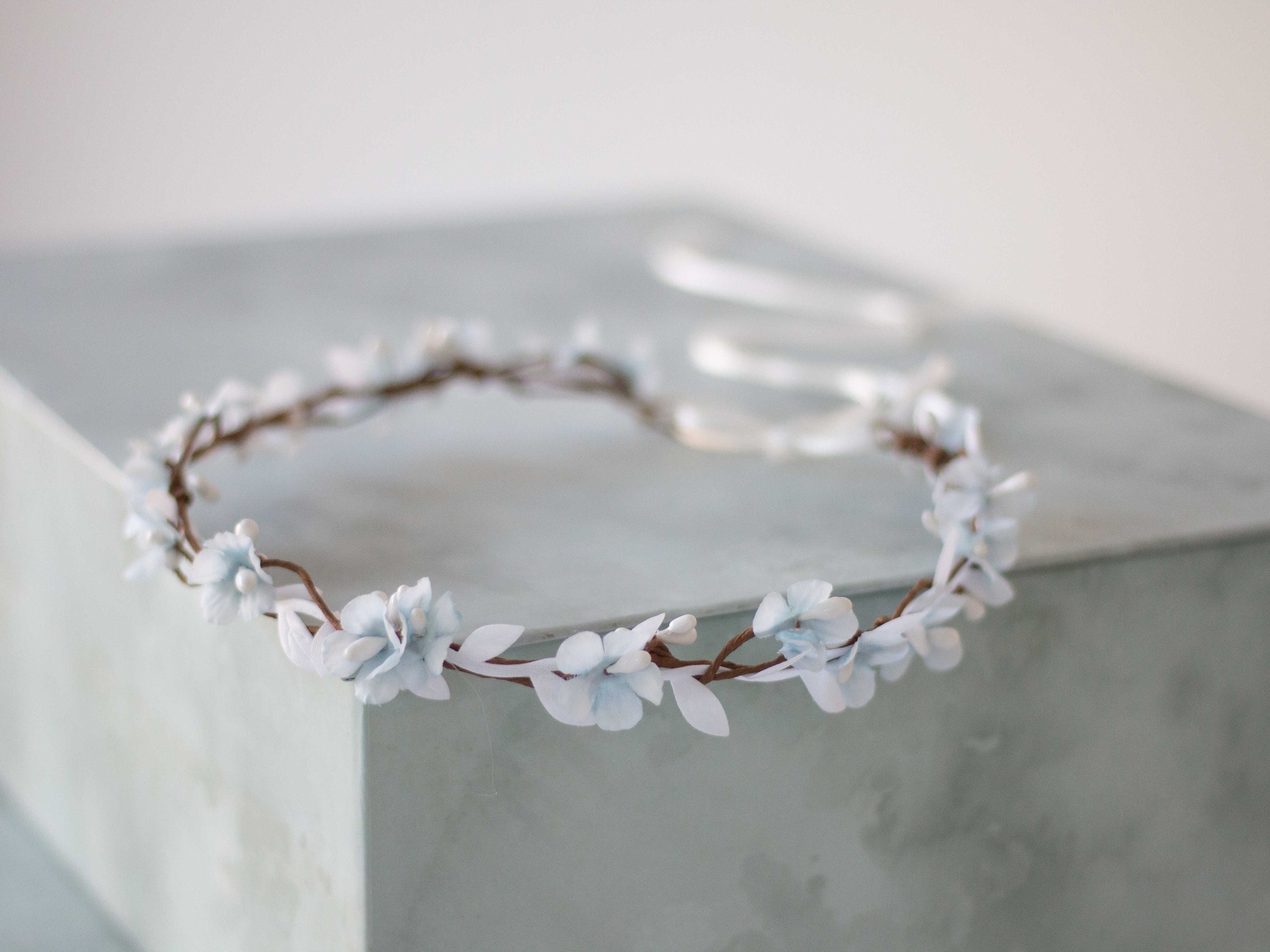 Pale Blue White Flower Crown Wedding Thin Floral Headband Dainty