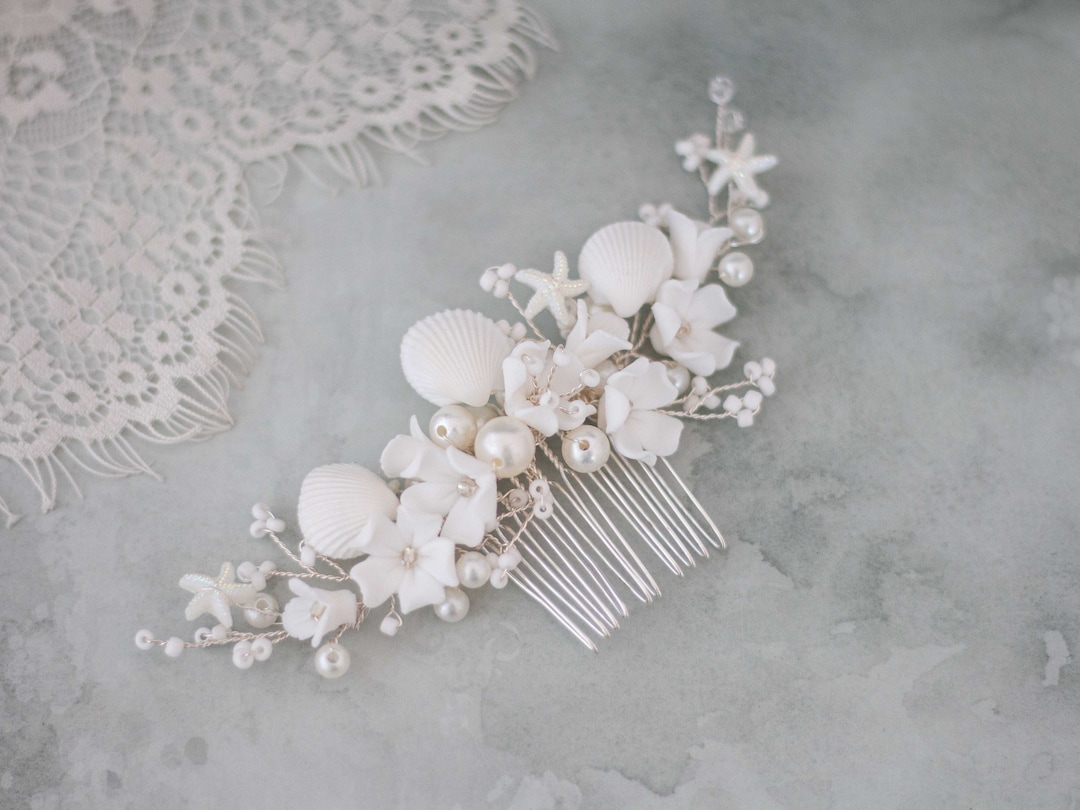 Seashell Comb Seashell Hair Comb Beach Wedding, Pure White Flower Comb, Pearl Bridal ...
