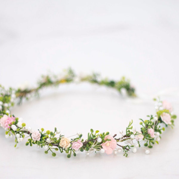 Dainty flower crown wedding, blush white hair wreath, dalicate floral crown, fine flower girl halo, adjustable hair crown, bridal hairpiece