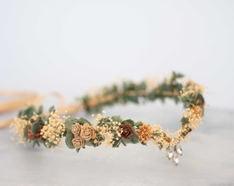 Eucalyptus flower crown wedding, elven tiara, coffee floral headband, white elvish tiara, baby's breath hair wreath, fall elven circlet