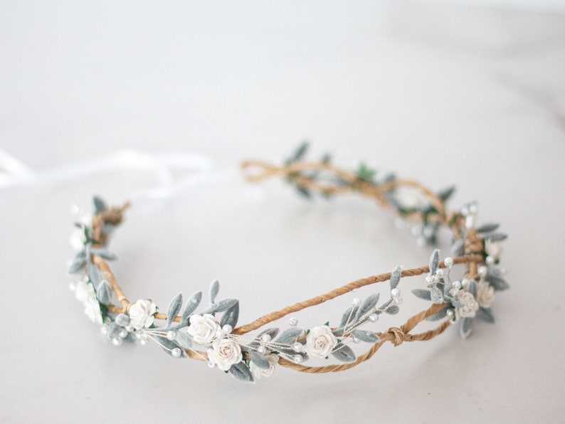 Flower crown wedding, dainty hair wreath, delicate floral headband, bride headpiece, rustic flower garland, minimalistic flower girl halo image 2