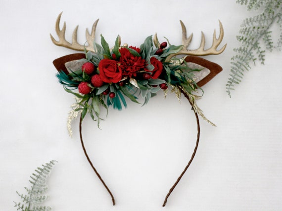 Antler Deer Floral Headband Branches Antlers Headband Christmas Floral Headpiece 