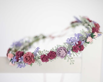 Lavender flower crown wedding, burgundy purple hair wreath, dainty flower headband, bride bridesmaid flower girl halo, fine floral headpiece