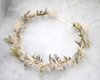 Dried flower crown wedding, baby's breath crown, dainty flower crown bridal shower, dried baby breath headband, adjustable floral crown