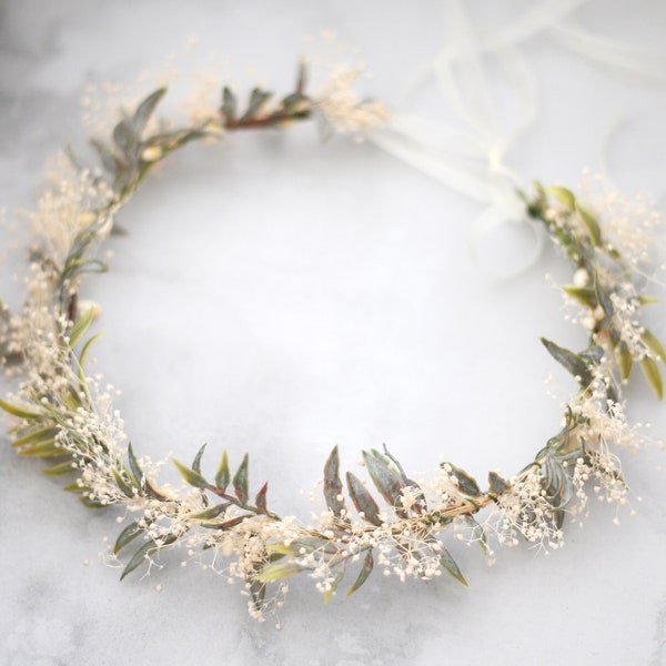 Dried flower crown wedding, baby's breath crown, dainty flower crown bridal shower, dried baby breath headband, adjustable floral crown