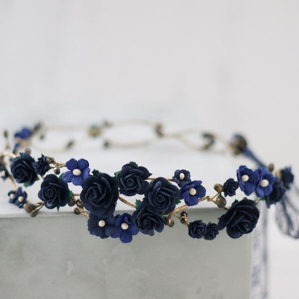 Navy blue flower crown wedding, boho bride crown, dark bridal rustic crown, woodland floral crown, navy flower girl halo