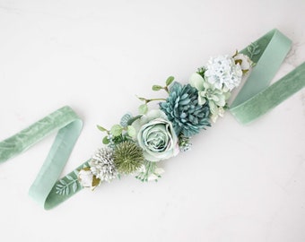 Sage green flower belt for dress, mint floral belt for gown, velvet sash for baby shower, belt for pregnancy, bride bridesmaid sash