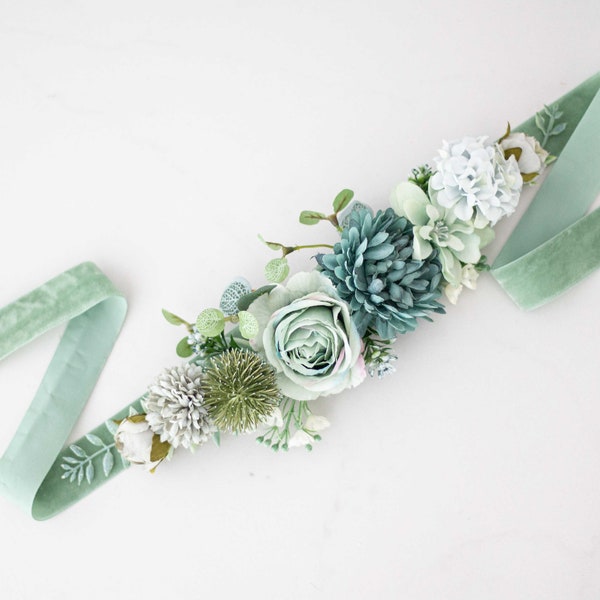 Sage green flower belt for dress, mint floral belt for gown, velvet sash for baby shower, belt for pregnancy, bride bridesmaid sash