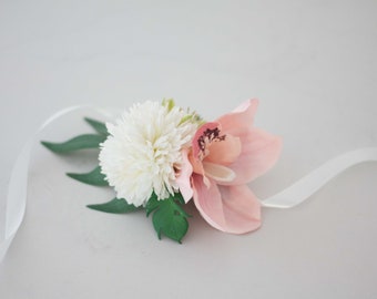 Tropical wrist corsage, boho wedding bracelet, pale pink orchid floral corsage, wild flower bracelet for mothers bridesmaids flower girls