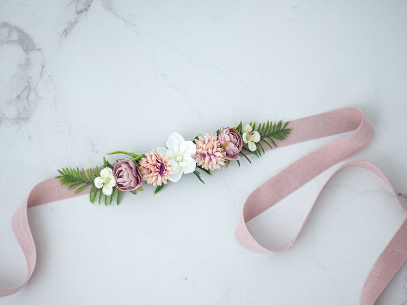 Pale pink white flower sash for wedding dress, flower belt for baby shower, flower belt for pregnancy, flower girl belt or flower crown image 4