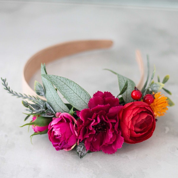 Frida Kahlo flower headband, colorful flower crown boho, side flower headpiece, tropical flower crown, bright floral crown