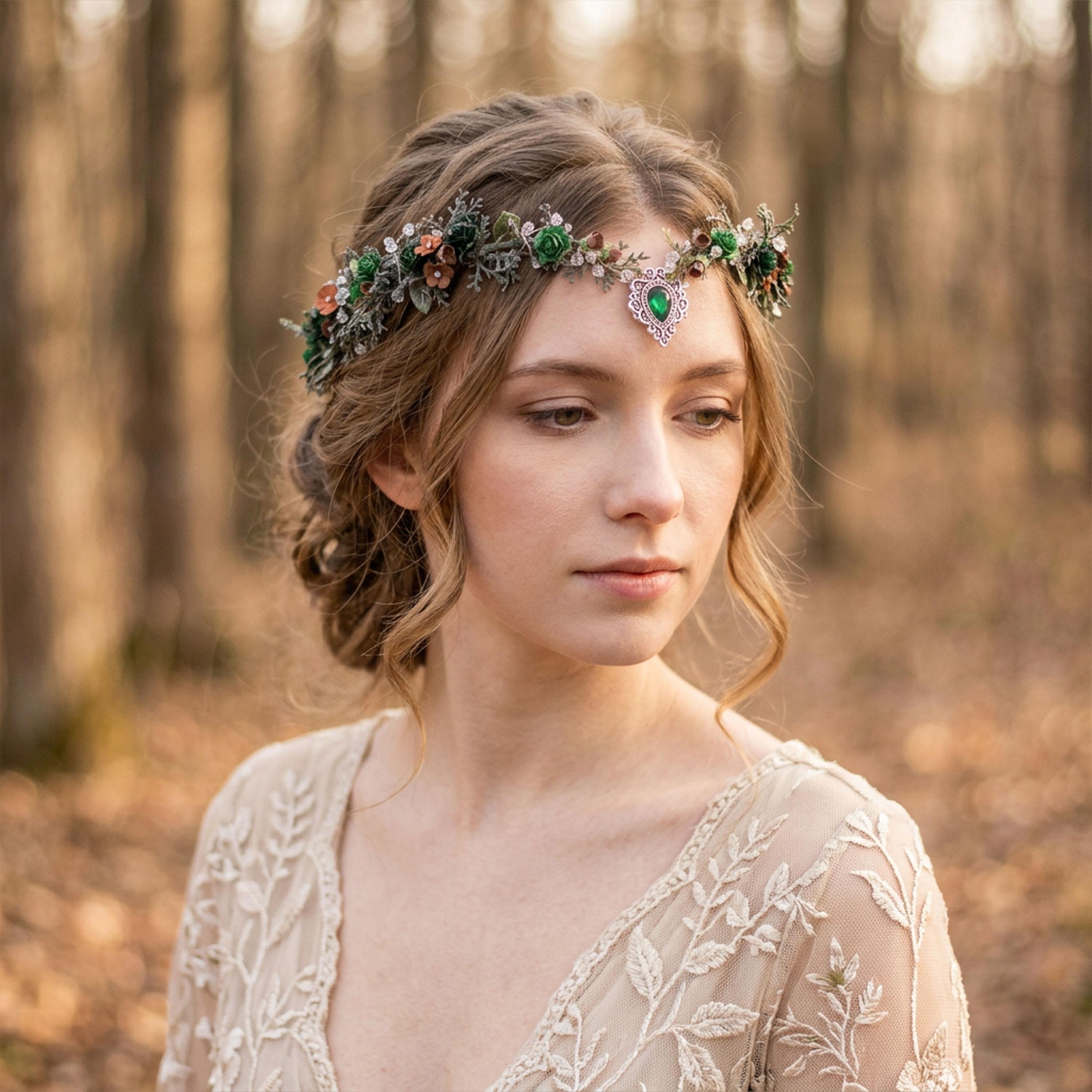 Green Crystal Tiara Handmade Fairy Crown Bridal Wedding V-Shaped Elf Headpiece Elven Forest Headpiece - Elf Tiara Fairy Crown - Wedding  main image 2