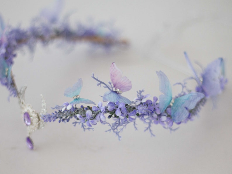 Moon tiara, butterfly flower crown, crescent moon headband, purple elven circlet, dainty flower halo, fairy headress costume, witch crown image 4