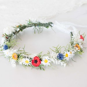 Poppy daisy flower crown wedding, baby's breath headband, dainty flower crown bridal shower, chamomile headpiece, bride flower girl halo image 3