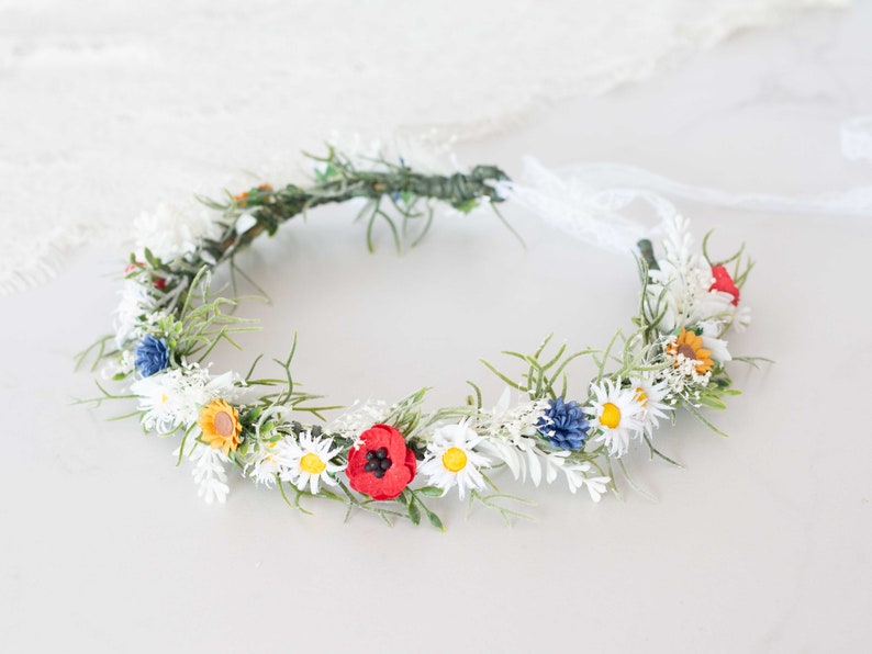 Poppy daisy flower crown wedding, baby's breath headband, dainty flower crown bridal shower, chamomile headpiece, bride flower girl halo image 3