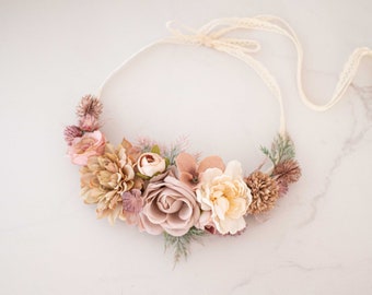 Dusty rose flower necklace, bohemian statement necklace, beige floral jewelry, big flowerl bib necklace, romantic wedding party