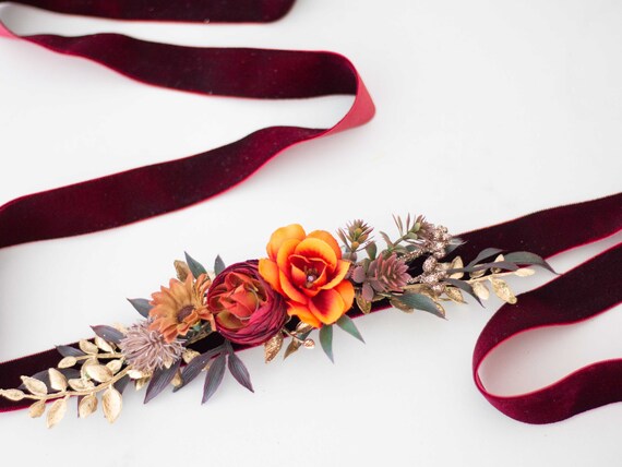 burgundy wedding dress sash Burgundy Velvet Flower Belt: Fall Wedding Dress Sash