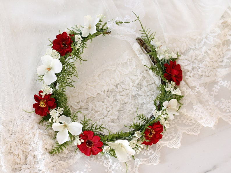 bridesmaid floral headband red white flower girl halo Burgundy flower crown for wedding bachelorette party headpiece