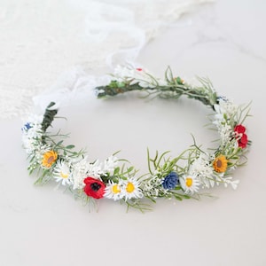 Poppy daisy flower crown wedding, baby's breath headband, dainty flower crown bridal shower, chamomile headpiece, bride flower girl halo image 1