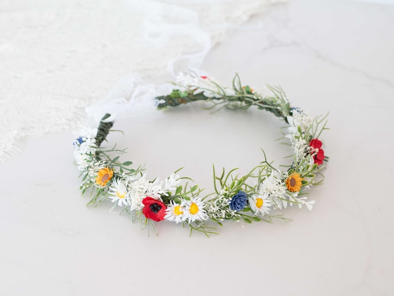 Poppy daisy flower crown wedding, baby's breath headband, dainty flower crown bridal shower, chamomile headpiece, bride flower girl halo image 1