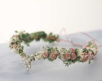 Dusty rose elven crown wedding, eucalyptus flower headband, elven tiara, fairy floral halo, elvish headpiece, baby's breath elven circlet