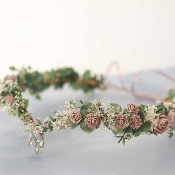 Dusty rose elven crown wedding, eucalyptus flower headband, elven tiara, fairy floral halo, elvish headpiece, baby's breath elven circlet