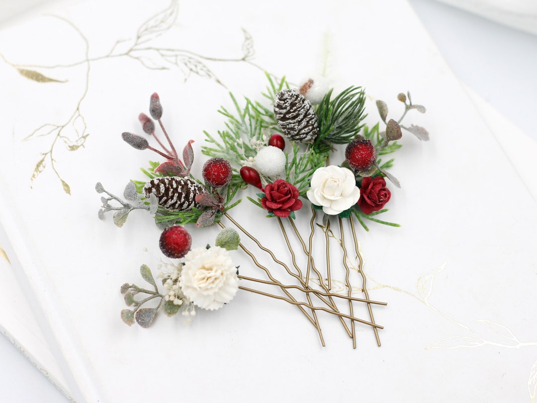 Winter Wedding Hair Pins, Set Floral Hair Pins, Christmas Flower Bobby