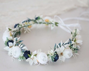 White navy blue flower crown wedding, boho hair wreath, bride floral headband, bridal headpiece, rustic flower garland, flower girl halo