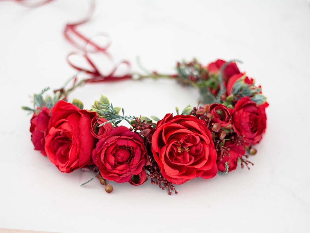 Red Rose Flower Crown, Boho Hair Wreath, Red Floral Headband Bridesmaids,  Persephone Headpiece, Flower Girl Halo, Bride Hair Accessories - Etsy Canada
