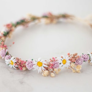 Meadow flower crown, dried flower crown for wedding, purple pink flower halo, preserved floral crown, dainty flower headband, flower girl imagem 2