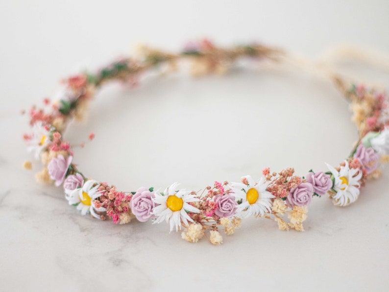 Meadow flower crown, dried flower crown for wedding, purple pink flower halo, preserved floral crown, dainty flower headband, flower girl imagem 2