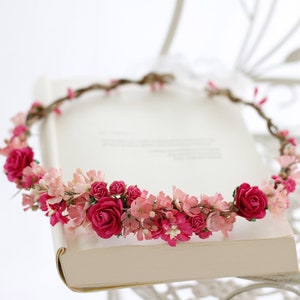 Fuchsia flower crown wedding, hot pink hair wreath image 1