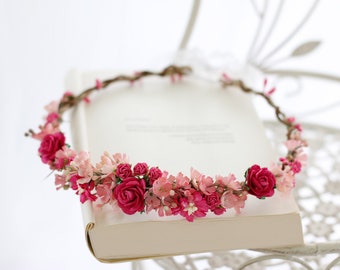 Fuchsia flower crown wedding, hot pink hair wreath