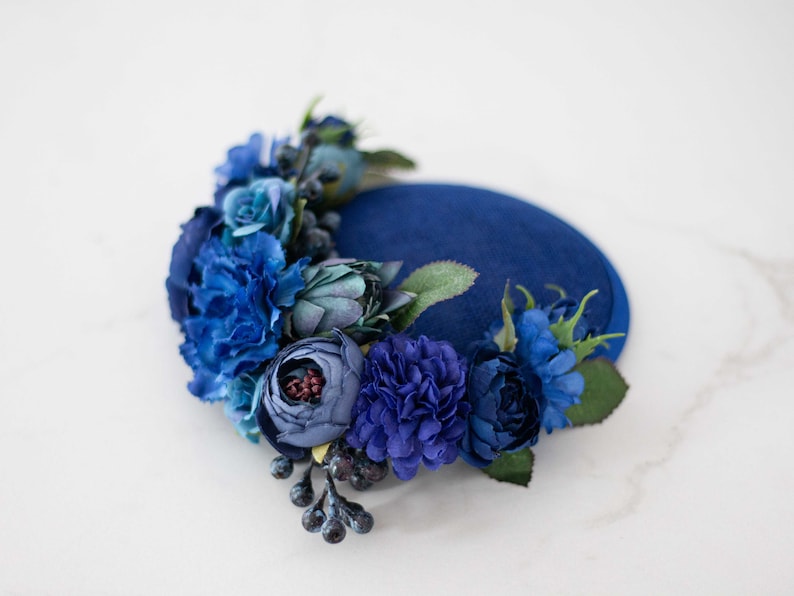 Royal blue fascinator hats for women derby, royal ascot hat, wedding guest floral headpiece, tea party head piece, women's fascinator image 3