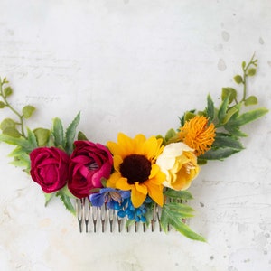 Sunflower hair comb, colorful flower comb for wedding, bright bridal comb, mexican flower hair comb, rainbow floral headpiece image 4