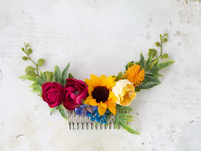 Sunflower hair comb, colorful flower comb for wedding, bright bridal comb, mexican flower hair comb, rainbow floral headpiece image 4