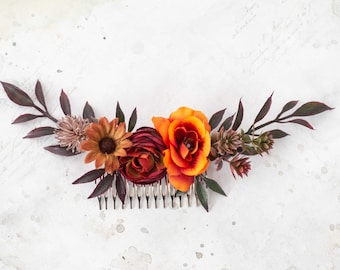 Fall flower comb wedding, orange brown flower comb, autumn bridal comb, wedding flower comb, rustic bridal comb, bridal flower headpiece