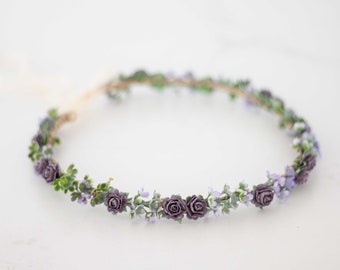 Purple flower crown wedding, deep purple flower headband, dainty hair wreath, succulent floral crown, delicate flower girl halo