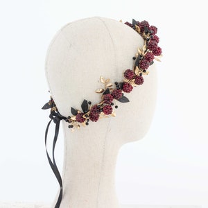 Gold burgundy flower crown, flower halo with raspberries, raspberry headband, golden flower headpiece, wedding hair wreath, dark flower halo image 3