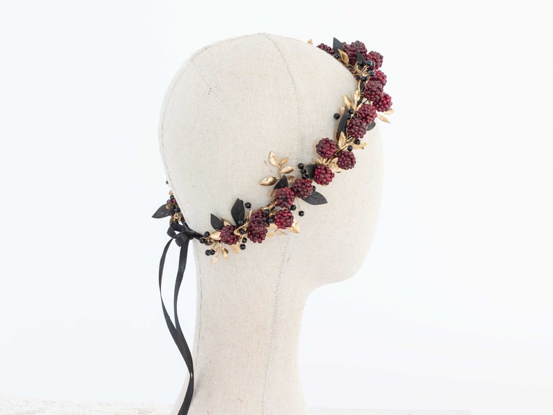 Gold burgundy flower crown, flower halo with raspberries, raspberry headband, golden flower headpiece, wedding hair wreath, dark flower halo image 3