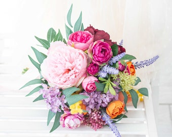 Colorful Faux Flower Bridal Bouquet, Summer Wedding, Rustic Boho Style