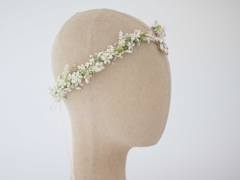 Elven tiara, white flower crown, fairy costume, wedding floral headband, crystal elven circlet, elf headpiece, flower girl halo diadem image 3