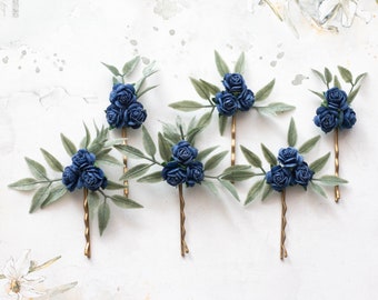 Royal blue flower hair pins, wedding hair clip, dark blue bobby pins set of 6, flower girl clips, bridal flower comb, bridesmaid hair pin