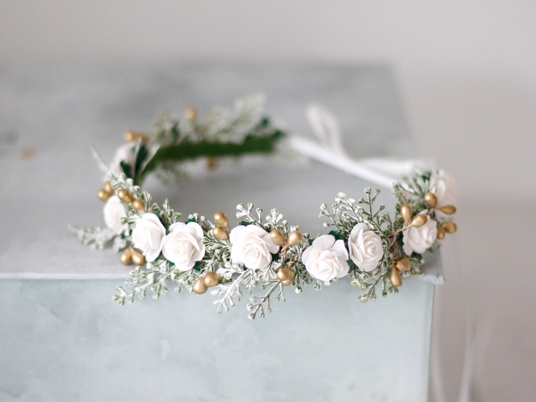 Winter Flower Crown, White Gold Flower Crown, Christmas Headband