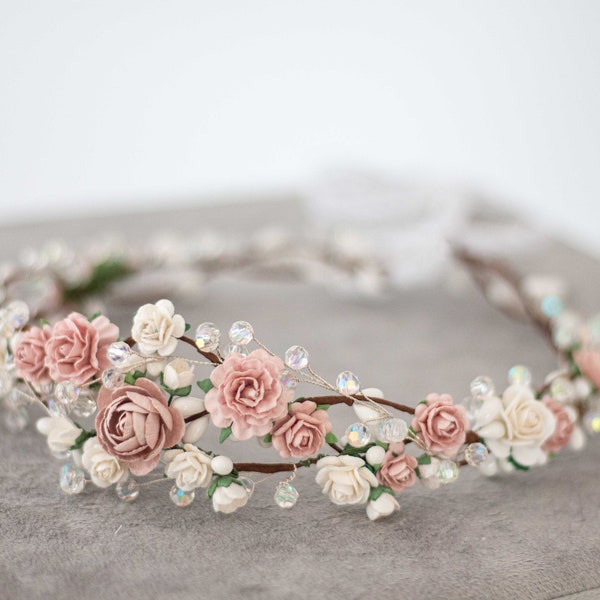 Dusty rose flower crown wedding, crystal hair wreath, dainty flower headband, bride bridesmaid flower girl halo, fine floral headpiece