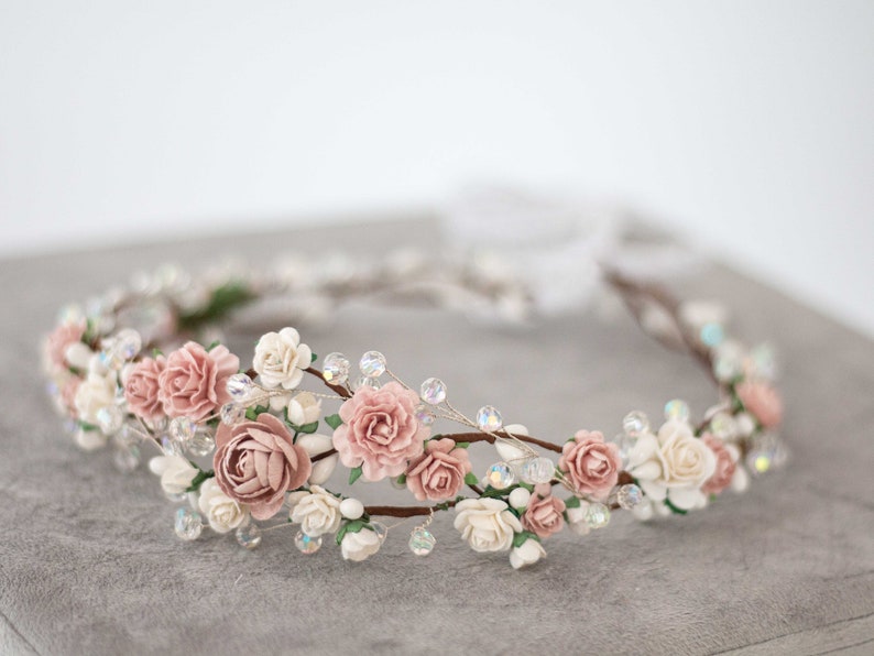 Dusty rose flower crown wedding, crystal hair wreath, dainty flower headband, bride bridesmaid flower girl halo, fine floral headpiece image 1